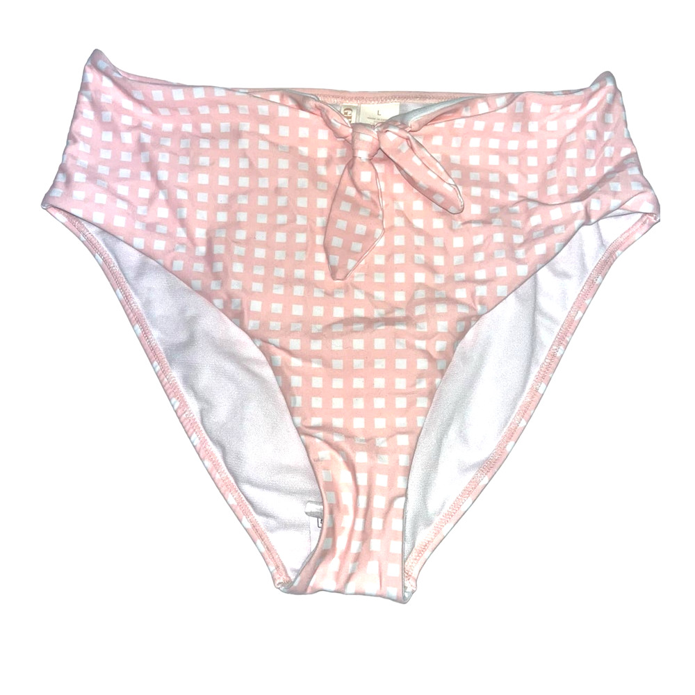GB Gianna Bini High-Waist w/ Tie Bikini Bottoms | Pink White Check | Sz L, NEW